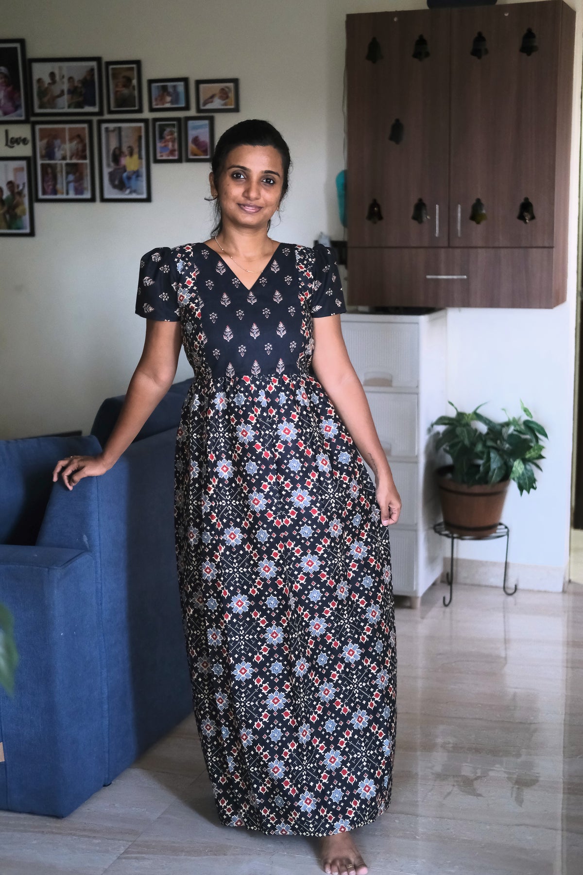 Full length black cotton maxi nighty for women