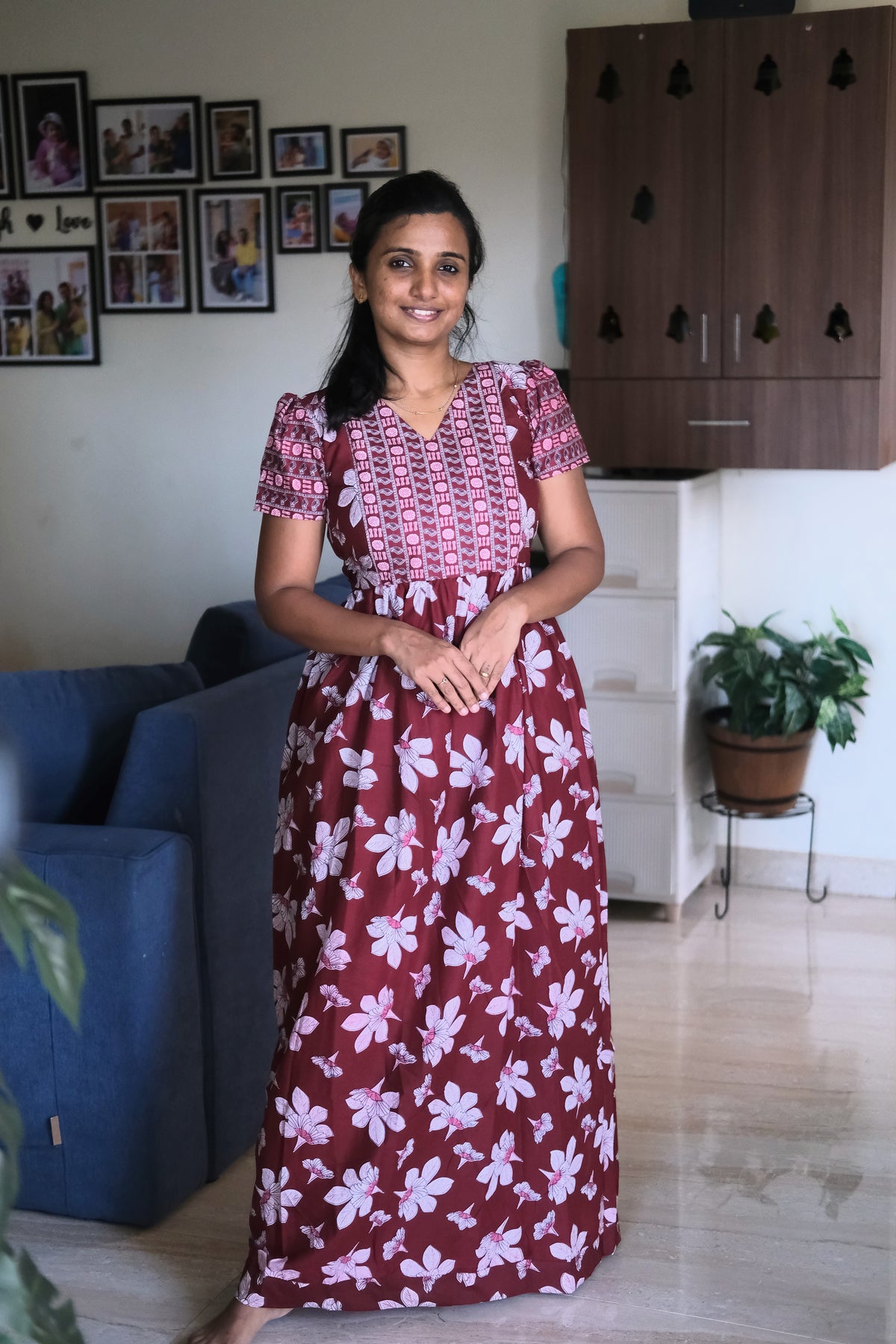 Maroon cotton nighty with floral print and V-neckline