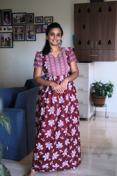 Maroon cotton nighty with floral print and V-neckline