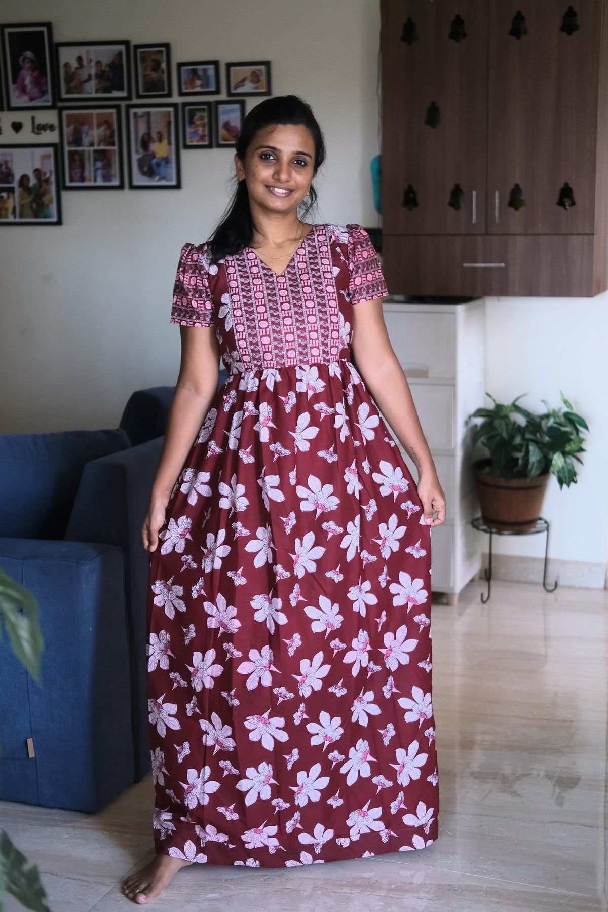 Full length ladies cotton nighty in maroon with puff sleeves