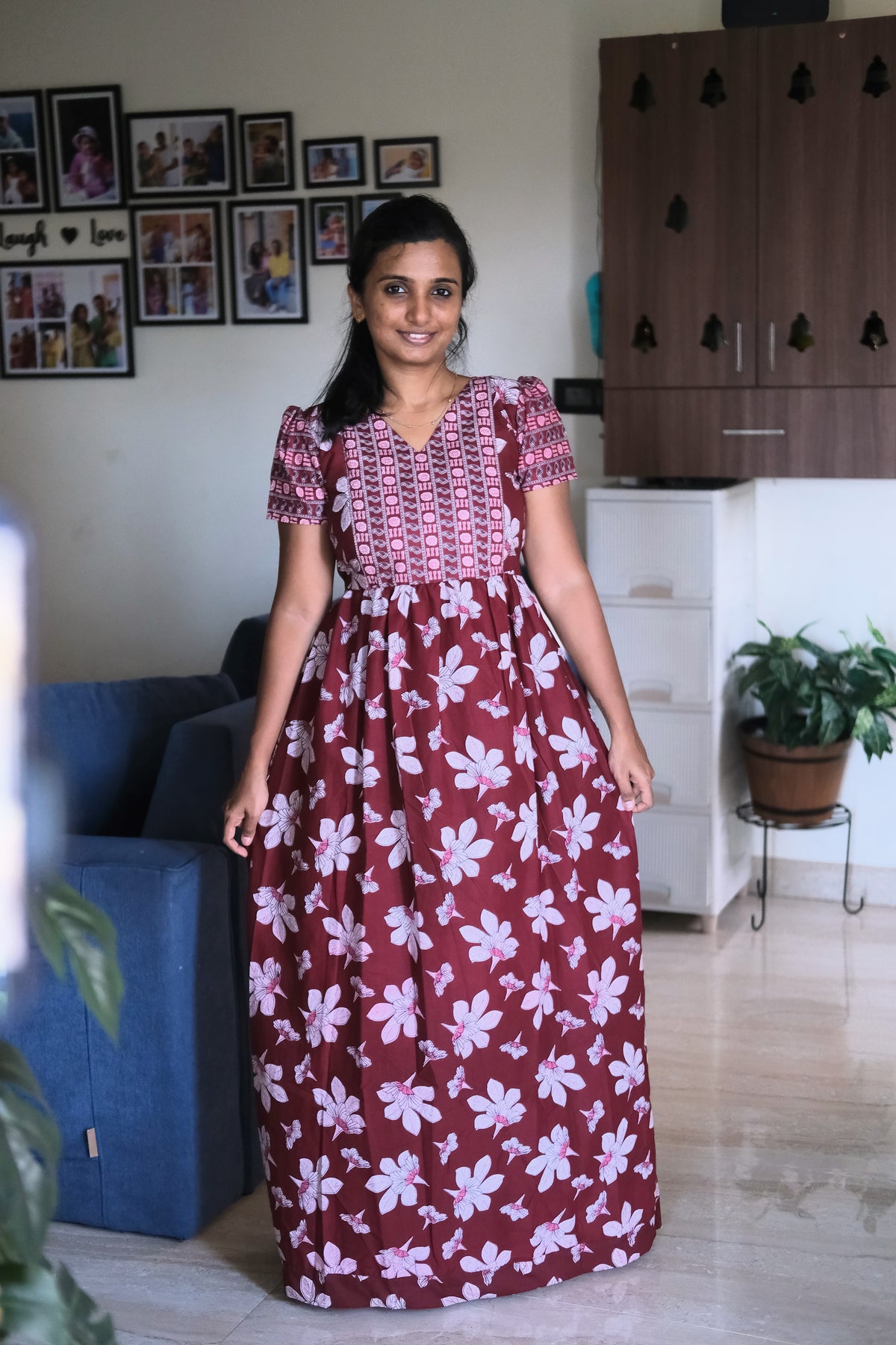 Relaxed fit cotton maxi nighty with gathered waist
