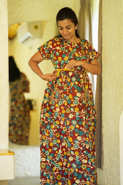 Close-up of brown floral nighty showing adjustable waist tie detail.