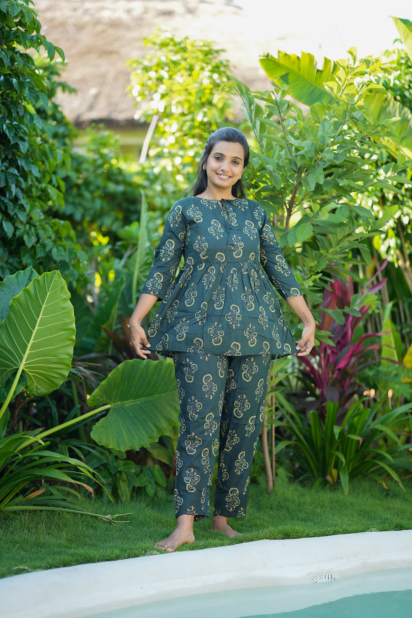 Ayla - Dark Green Peplum Night Suit