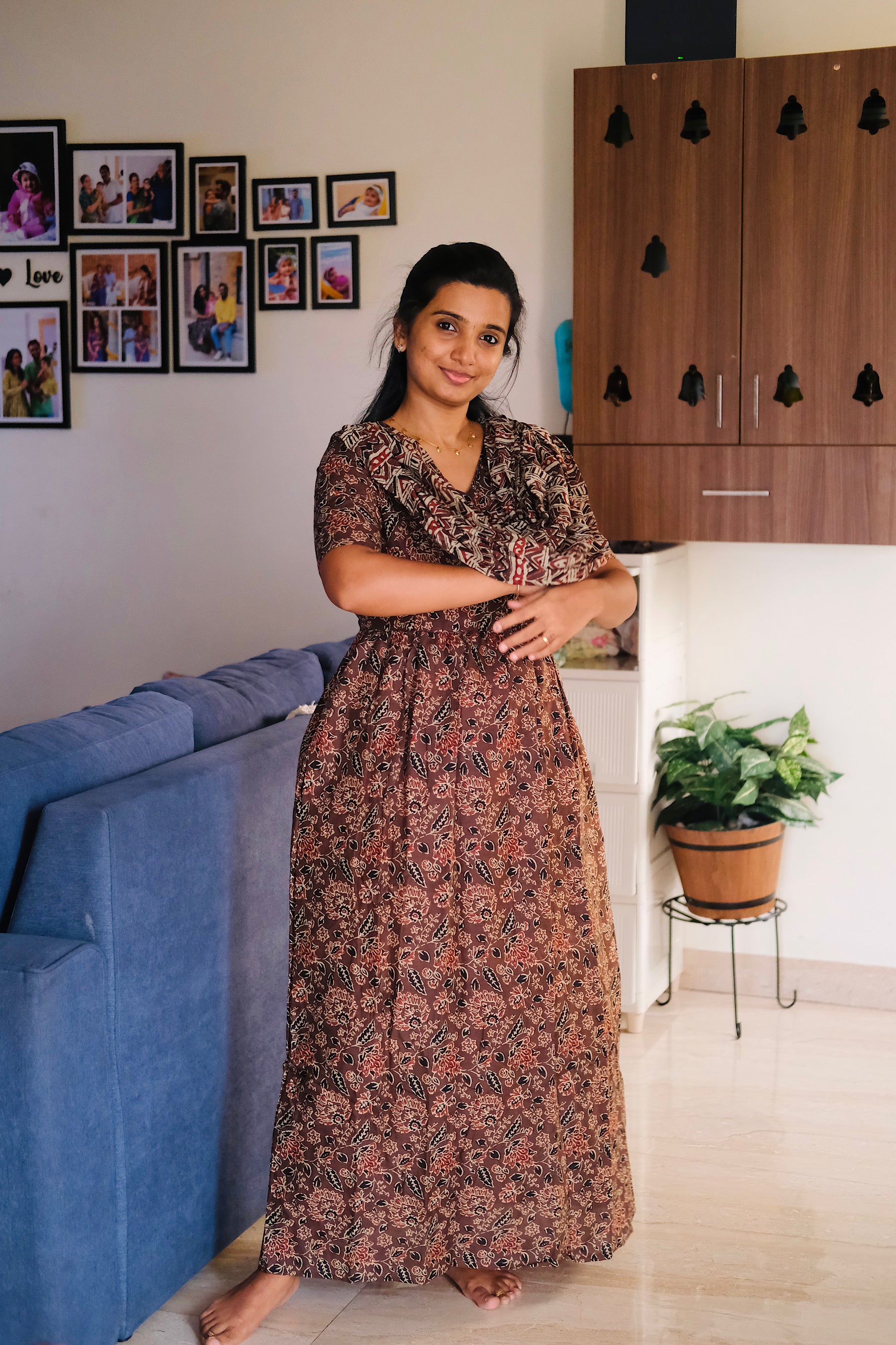 Full-length view of the brown cotton maxi nighty showing its relaxed straight fit and modest coverage.