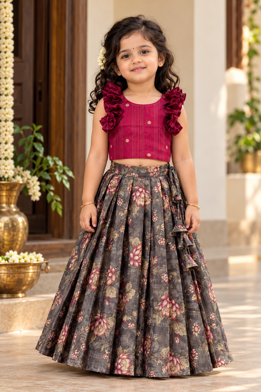 girls lehenga choli set - Sonakshi maroon crop top and grey floral skirt set for girls lehenga choli