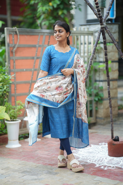 Kalika - Blue Bandhani 2 Pcs Tussar Kurti Set