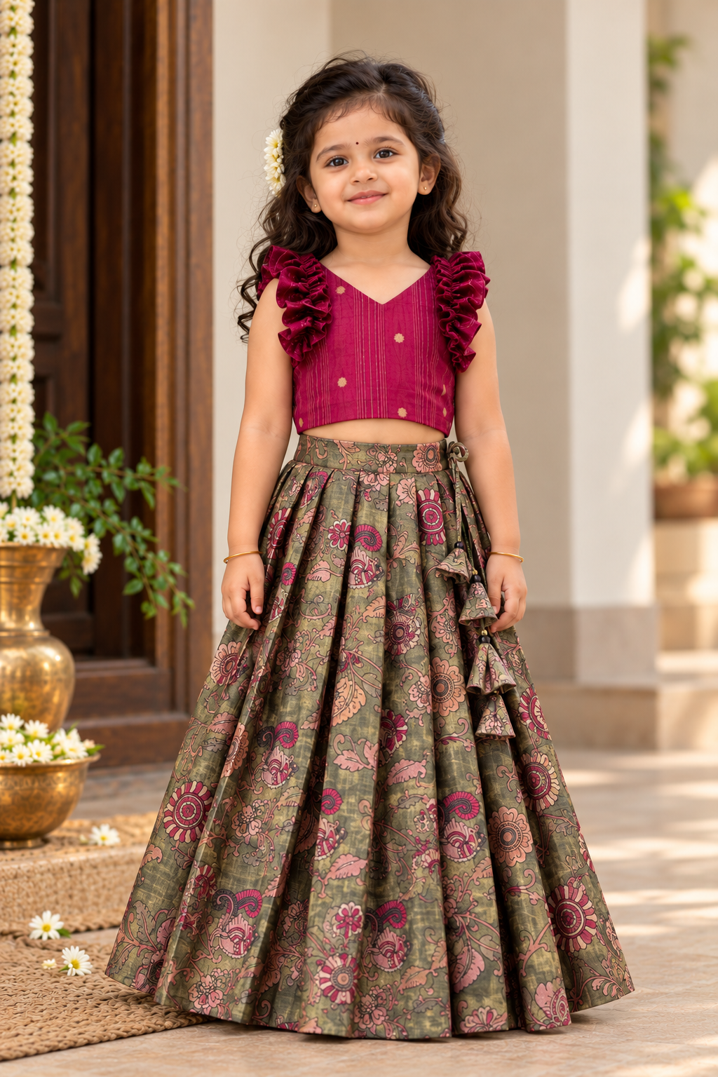 Girls lehenga choli set featuring maroon ruffled top and olive green printed skirt