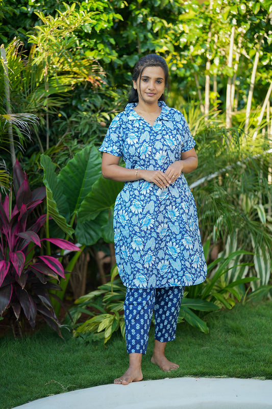 ladies cotton night suit - Blue printed cotton night suit top with floral pattern and matching geometric print pants.