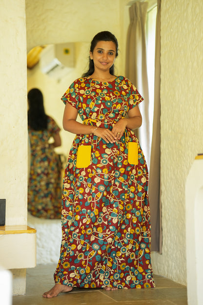 Sowbi - Brown Floral Tie Pocket  Maxi Nighty