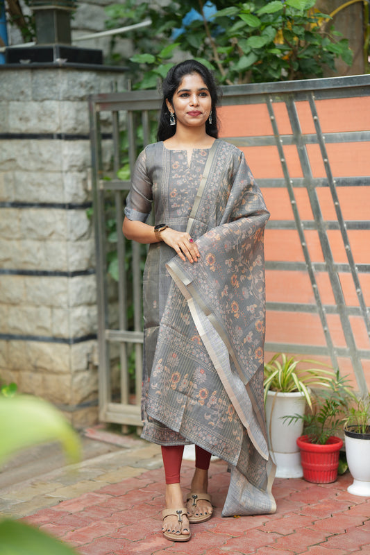 Kalika - Gray 2 Pcs Tissue Kurti Set