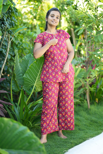 Close-up of the front placket on the Maya maroon feeding night suit in soft cotton.