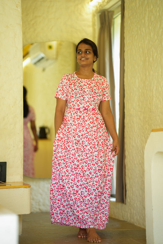 Clara ladies cotton nighty in white with pink heart print