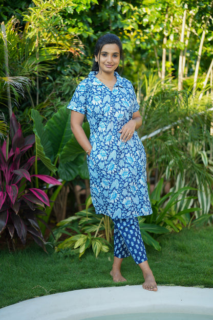 Comfortable blue printed nightwear set for women, showing the relaxed fit.