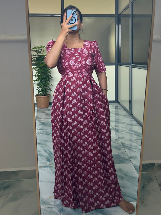 Nisha - Wine Floral Maxi Nighty