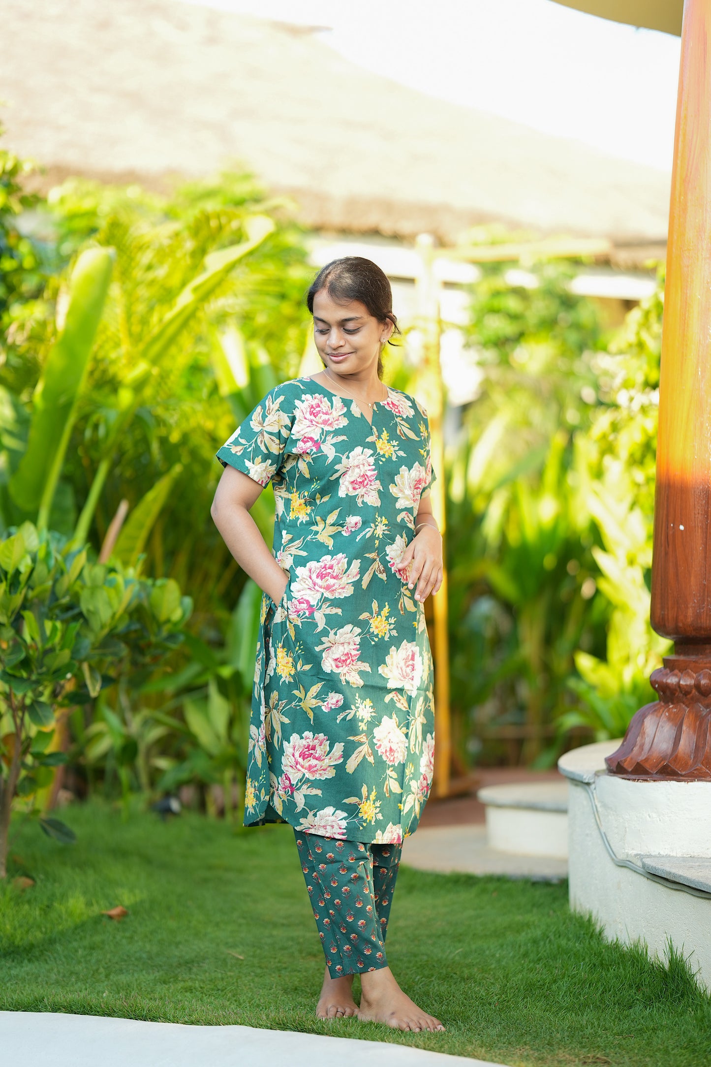 Women's dark green cotton night suit with floral kurti and patterned pants