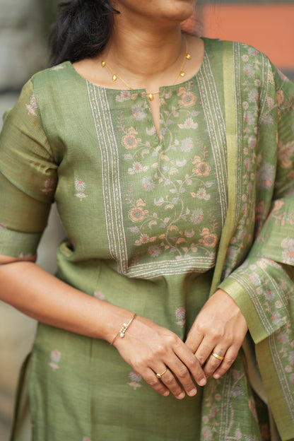 Kalika - Olive Green 2 Pcs Tissue Kurti Set