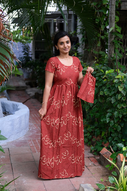 Ganga - Brick Red Detachable Dupatta Maxi Nighty
