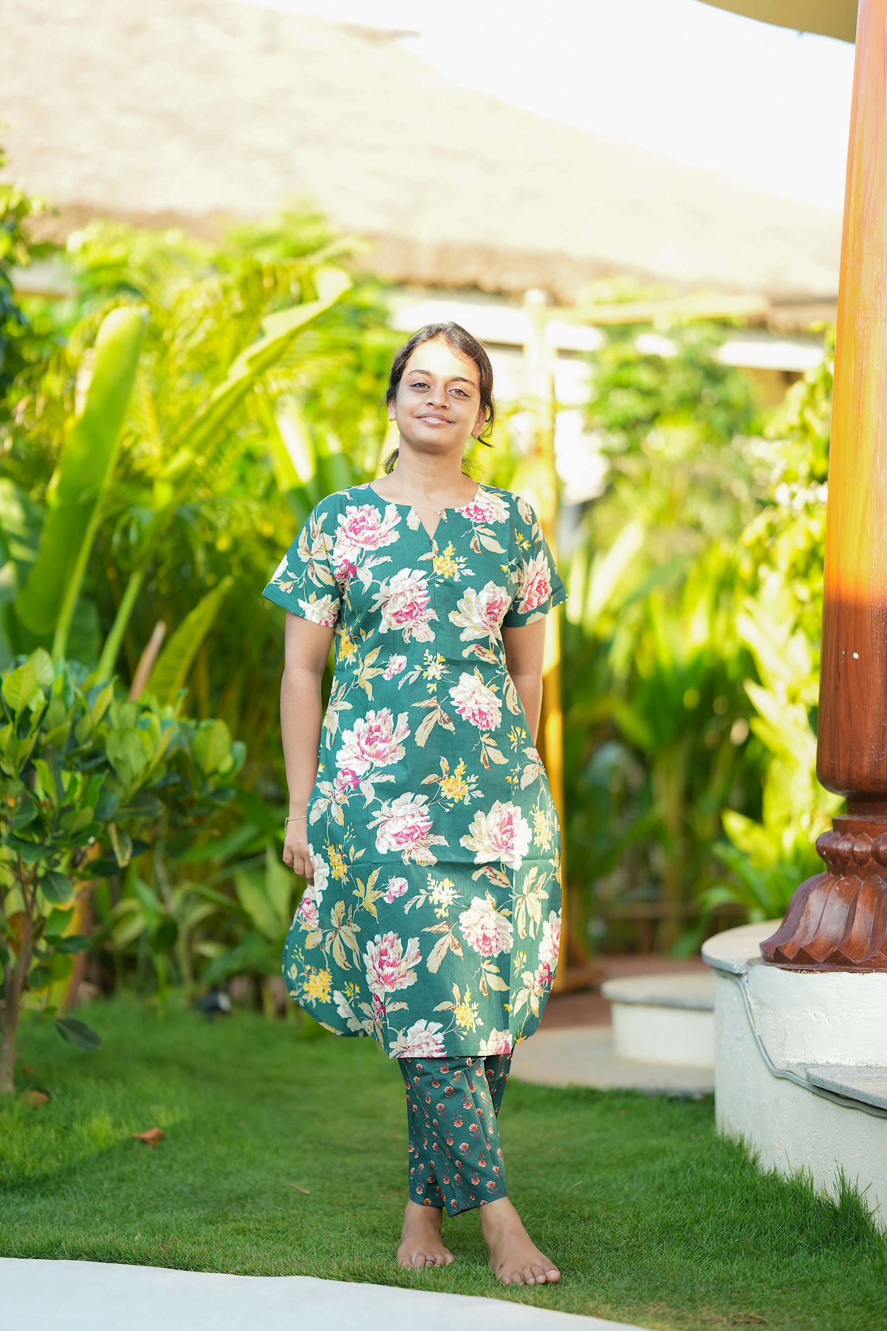 Dark green floral print ladies cotton night suit with kurti and pants