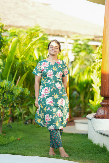 Dark green floral print ladies cotton night suit with kurti and pants