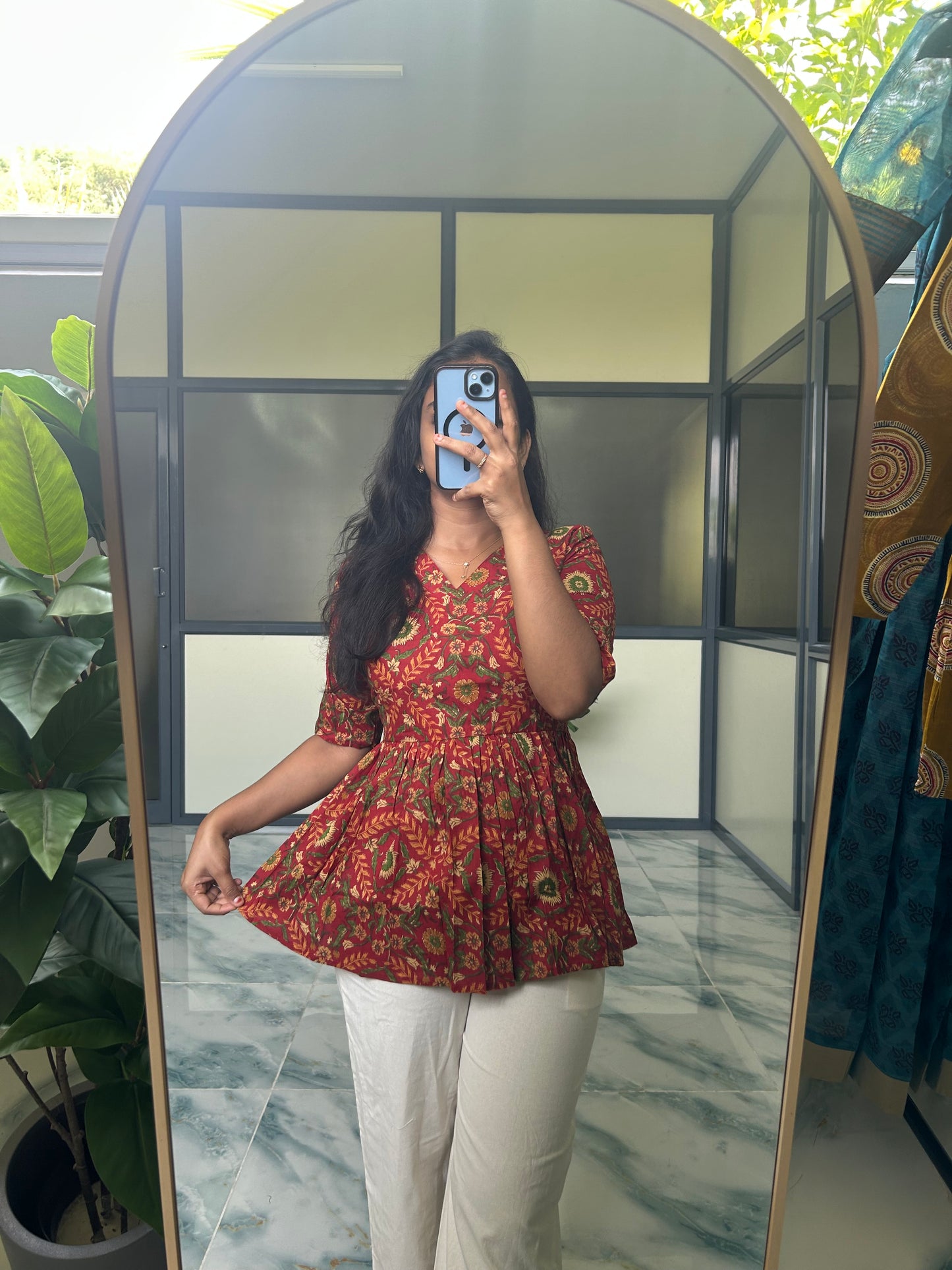 Isha -  Red Floral Peplum Top