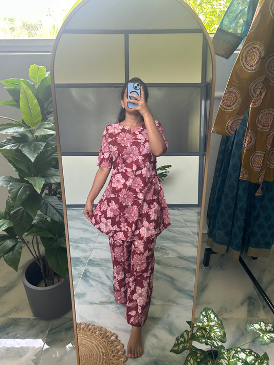 Heera - Maroon Floral Night Suit