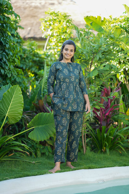 Ayla - Dark Green Peplum Night Suit