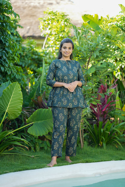 Ayla - Dark Green Peplum Night Suit