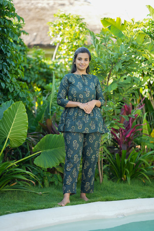 Ayla - Dark Green Peplum Night Suit