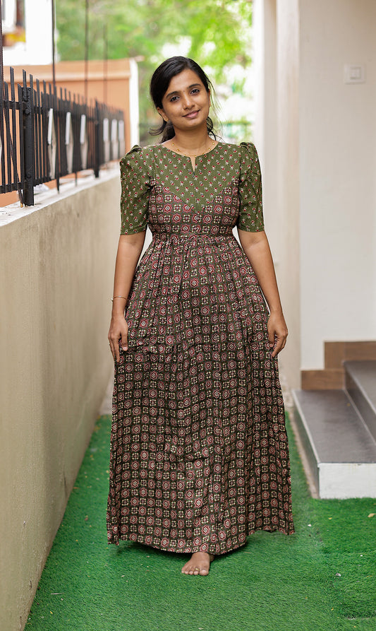 Yamini - Olive Green High Neck Maxi Nighty