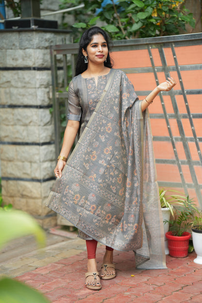 Kalika - Gray 2 Pcs Tissue Kurti Set