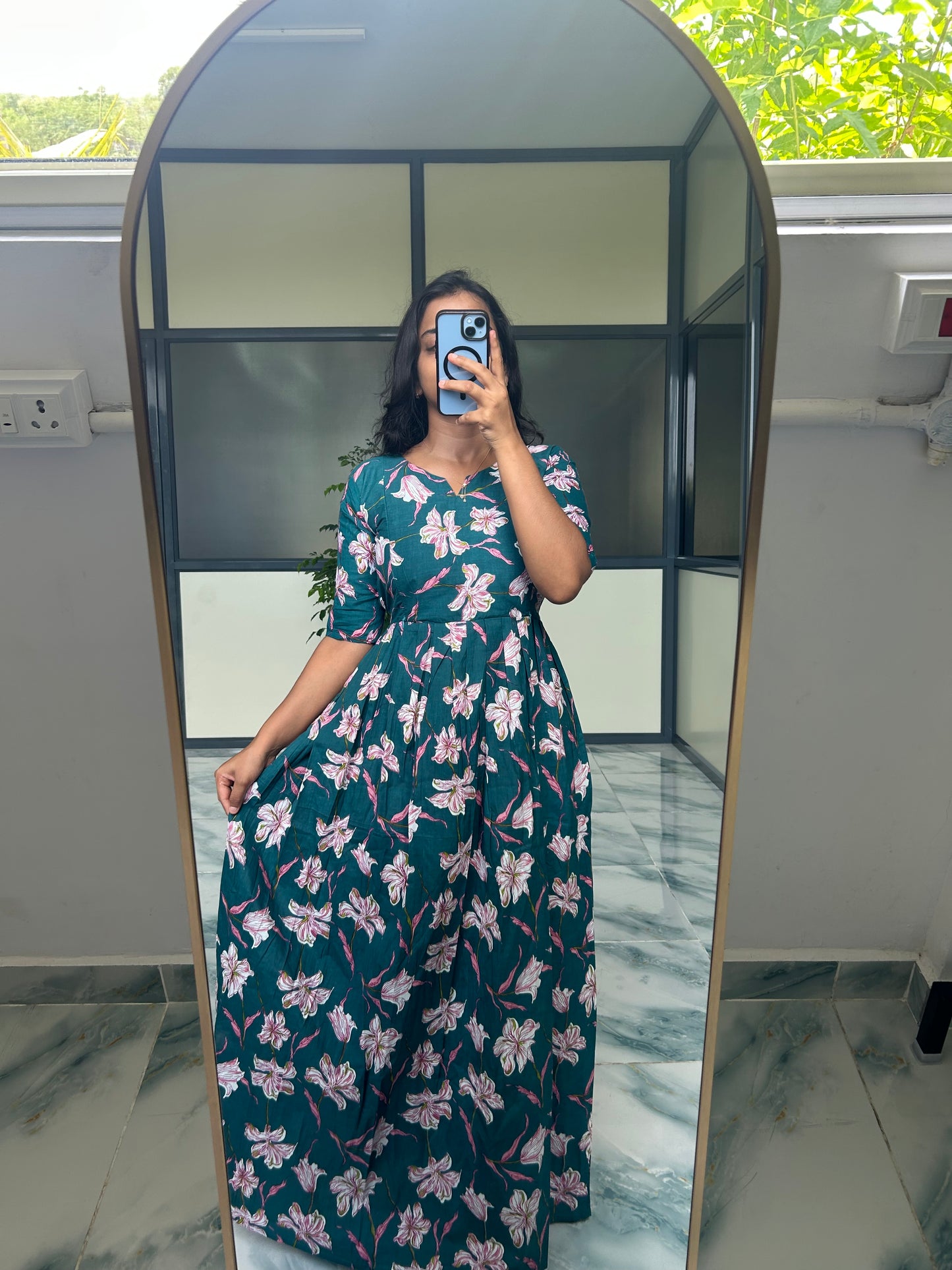 Yamuna - Teal Blue Floral Maxi Nighty