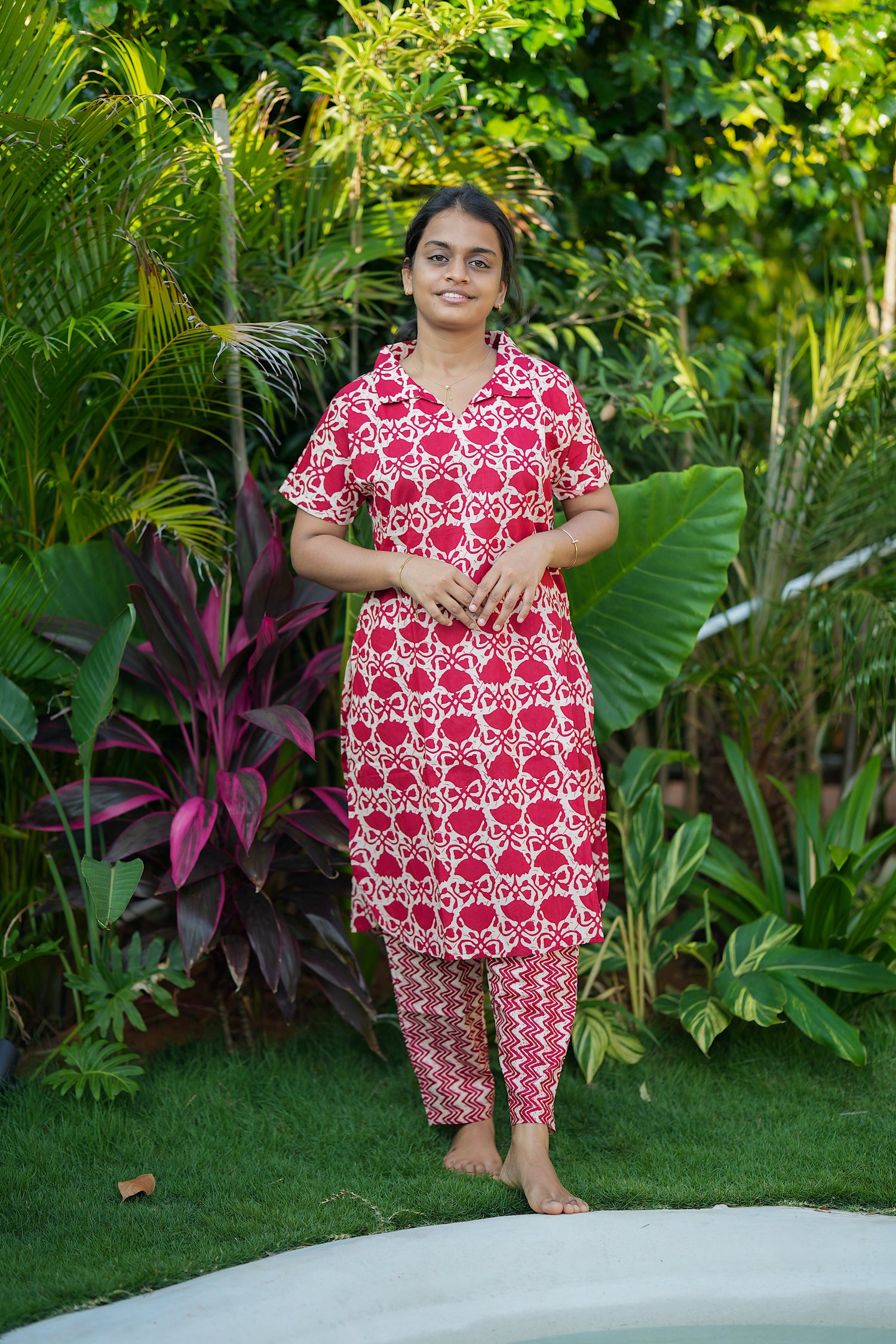 ladies cotton night suit - Deep red printed cotton night suit for women with collared top and pants.