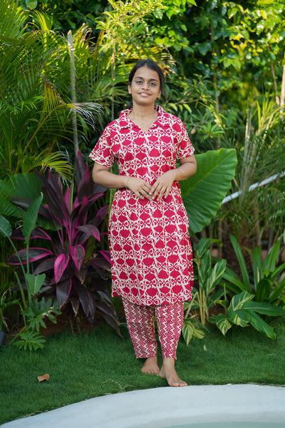 ladies cotton night suit - Deep red printed cotton night suit for women with collared top and pants.