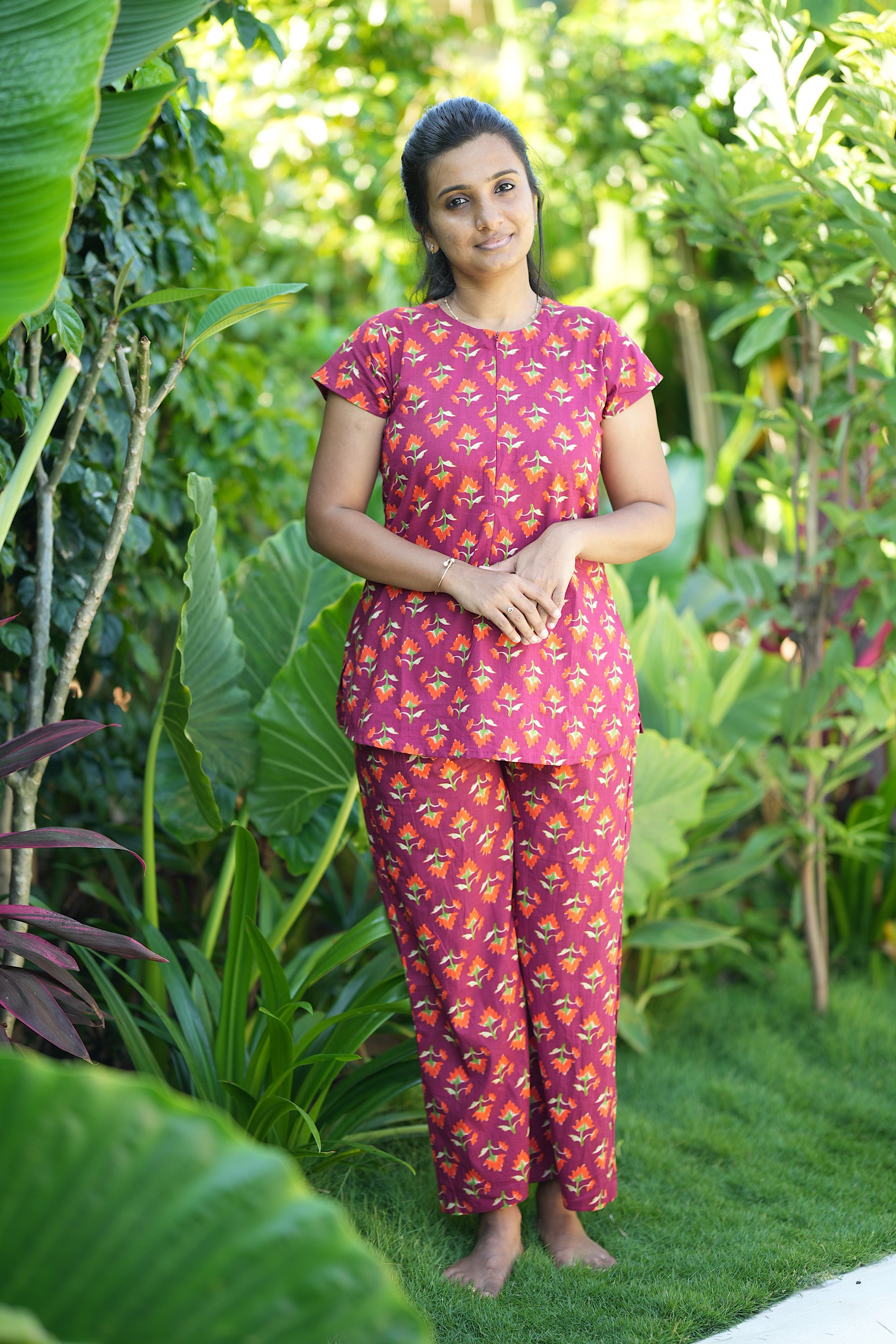 Full-length view of the Maya maroon printed night suit set designed for comfortable loungewear.