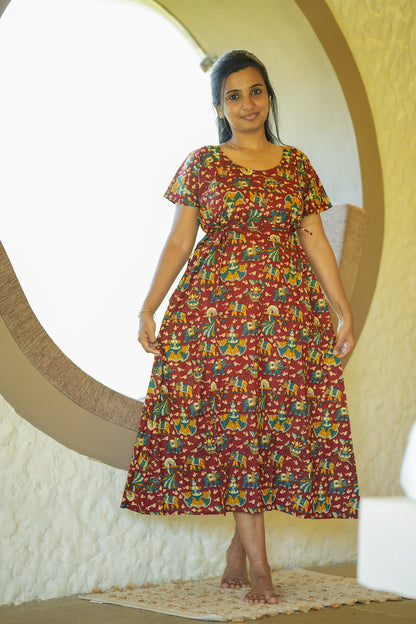 Full-length view of the maroon printed cotton maxi nighty with a flared silhouette.