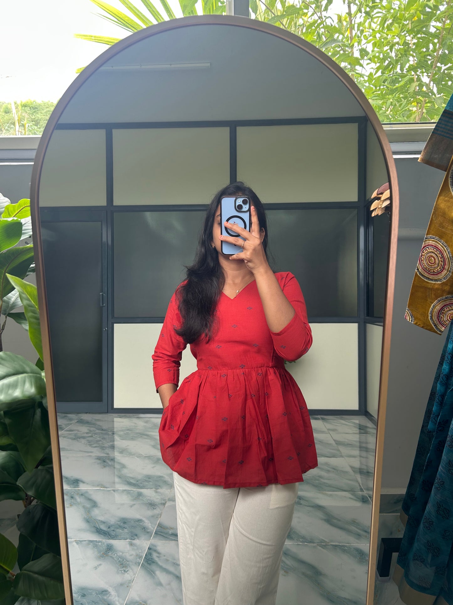 Isha - Red Handloom Peplum Top