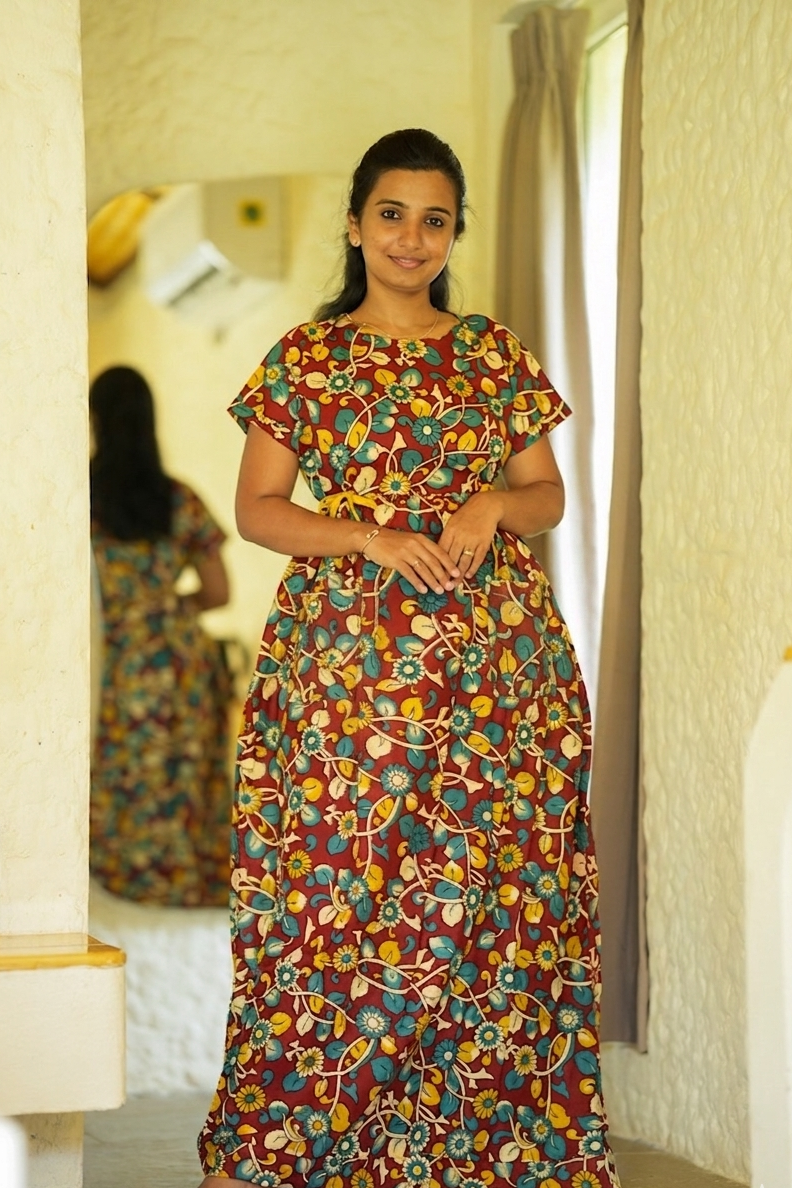 Full view of brown floral printed maxi nighty for women.