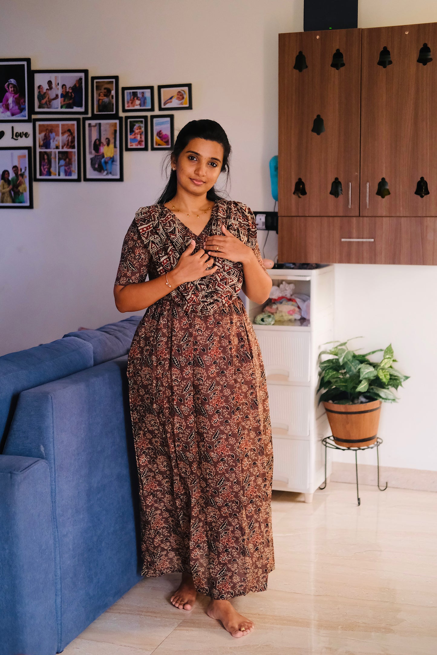 Brown cotton maxi nighty with a unique attached dupatta drape across the chest.