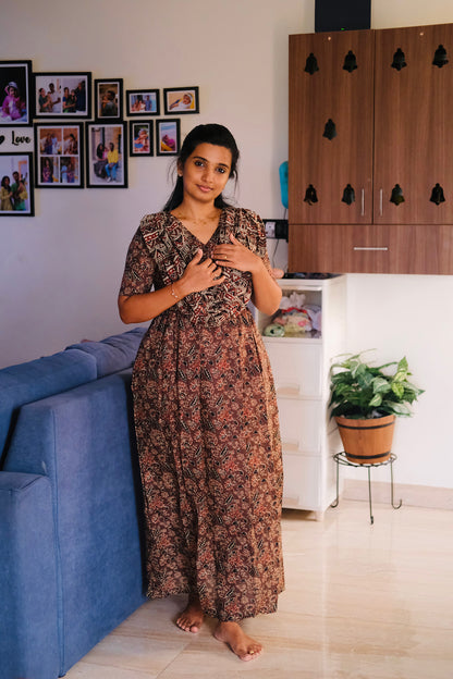 Brown cotton maxi nighty with a unique attached dupatta drape across the chest.
