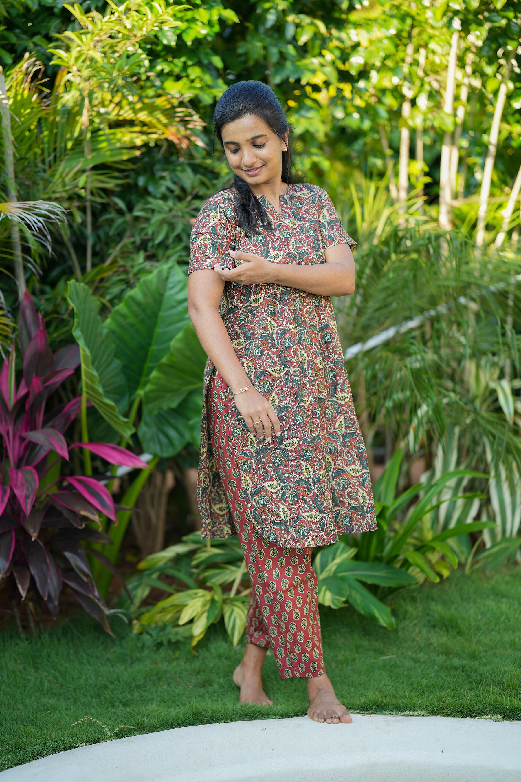 Close-up of the roll-up sleeve detail on the Krithi cotton night suit top.