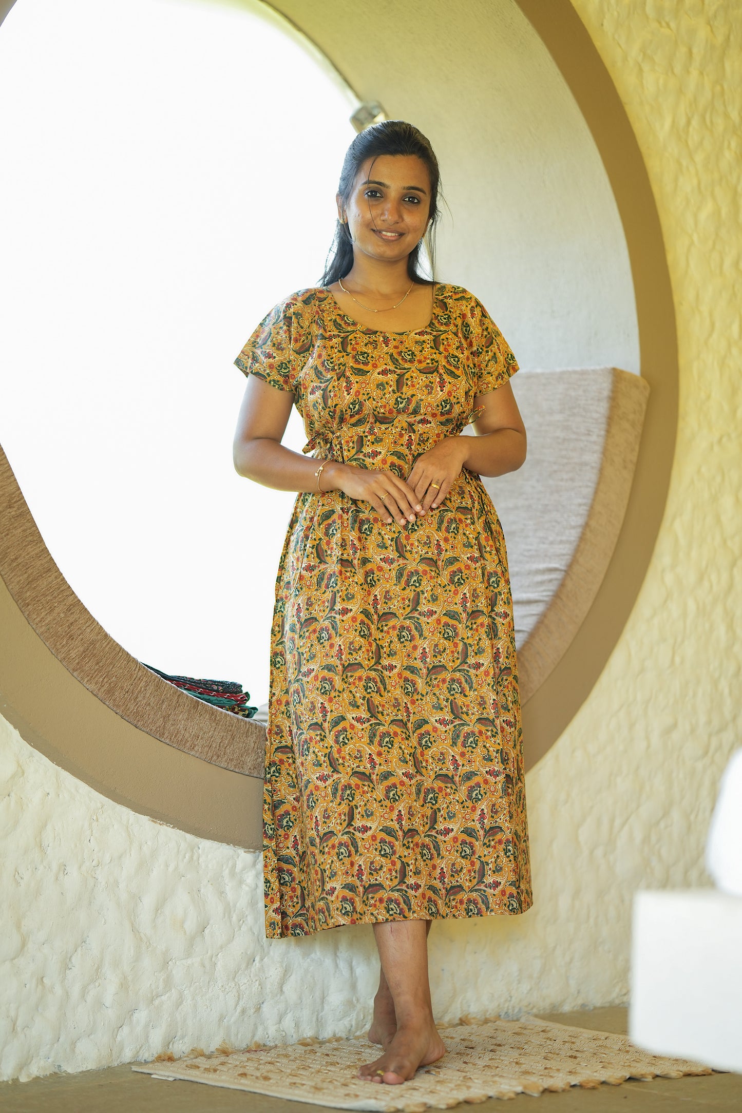 Mustard cotton nighty for women with adjustable waist tie ropes and kalamkari print