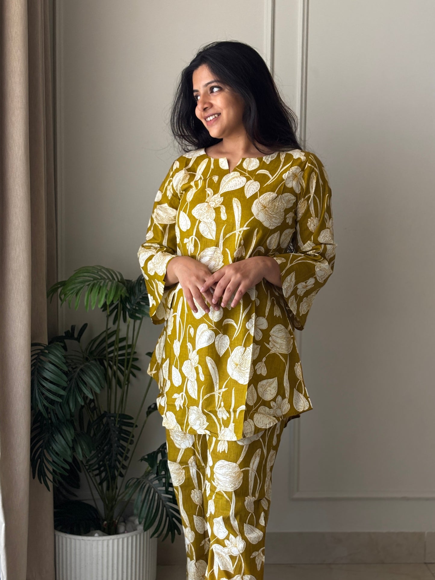 Full-length view of the olive mustard printed cotton night suit set with straight-cut pants.