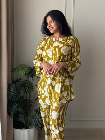 Full-length view of the olive mustard printed cotton night suit set with straight-cut pants.