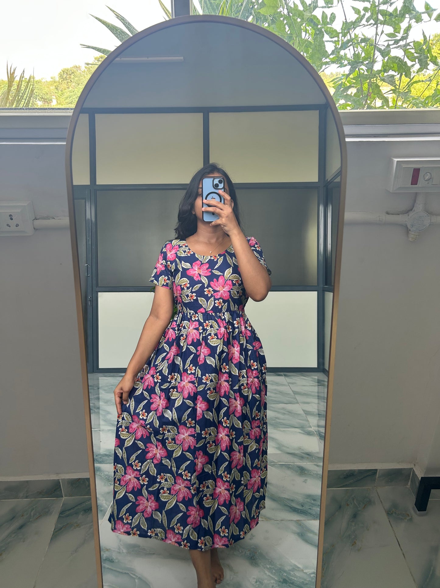 Kayal - Dark Blue Floral Midi Nighty