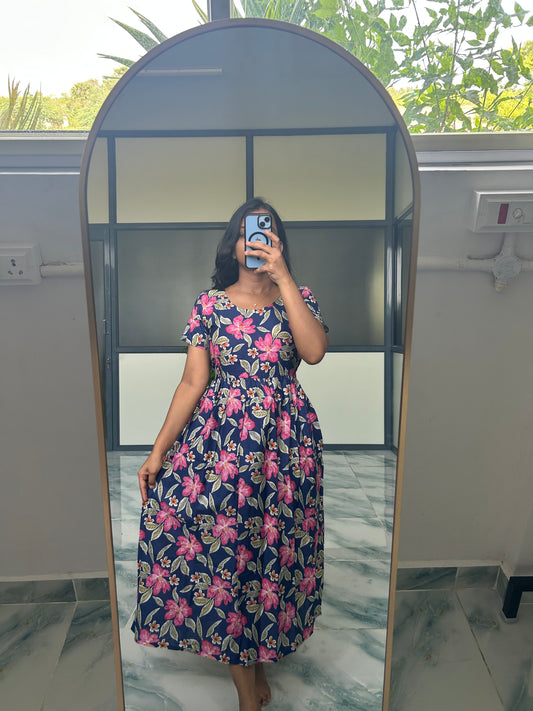 Kayal - Dark Blue Floral Midi Nighty
