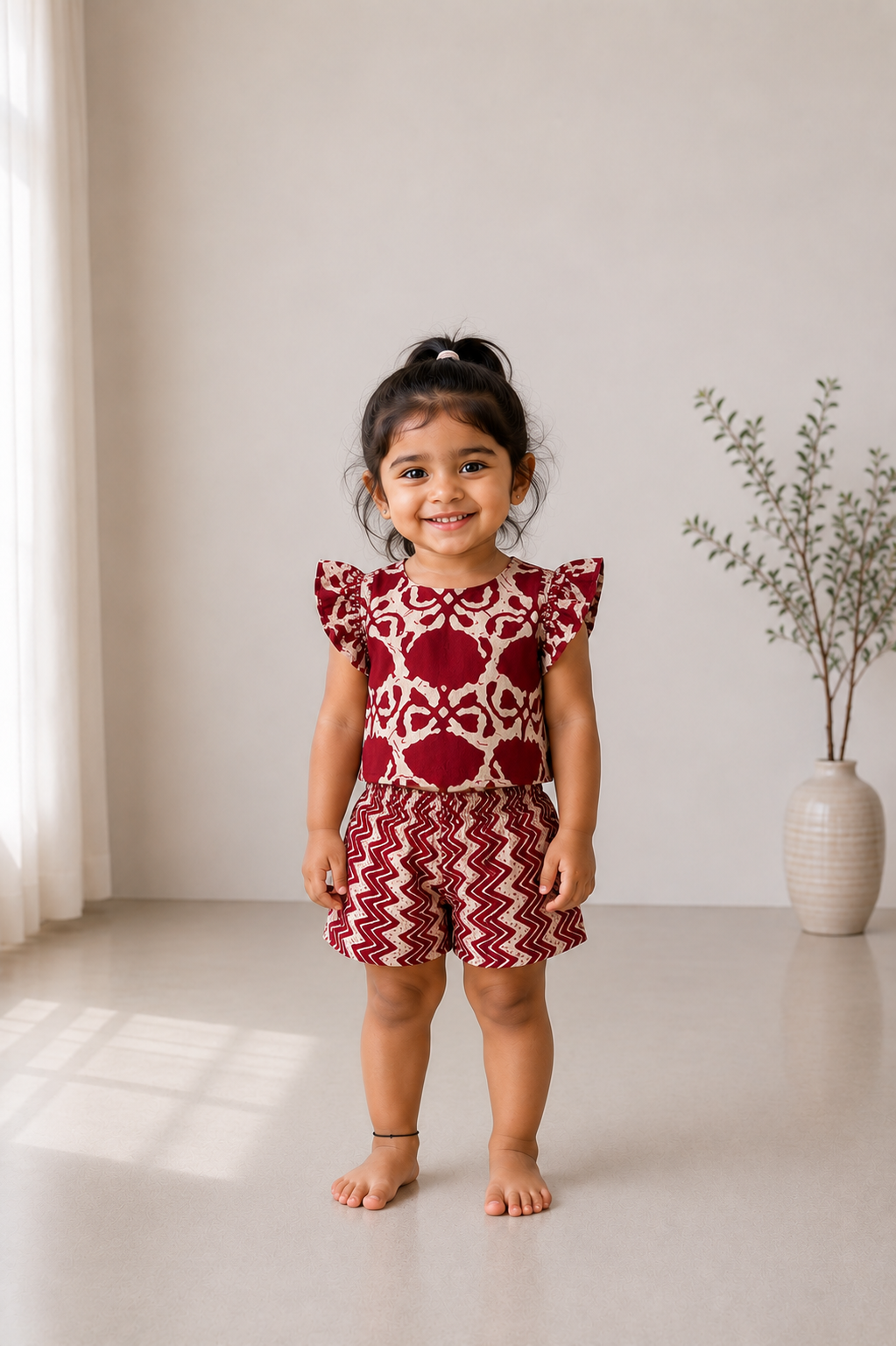 A young girl wearing the Adhira maroon kids cotton co-ord set featuring a flutter-sleeve top and zig-zag printed shorts.