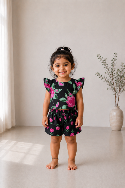 Adhira black floral kids co-ord set featuring ruffled sleeves and matching shorts