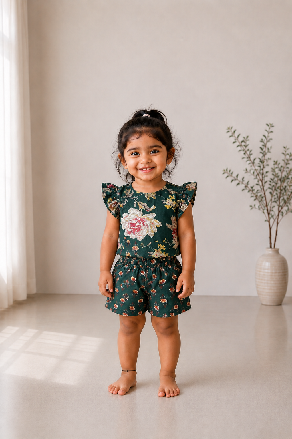 Adhira bottle green kids cotton co ord set with floral print and flutter sleeves