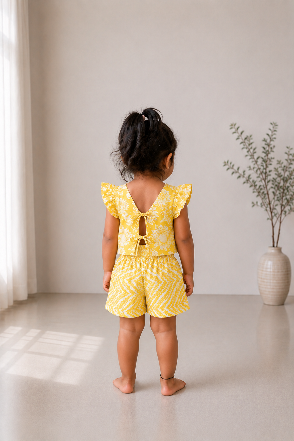 Back view of yellow kids co-ord set featuring double tie-up detail and ruffled sleeves