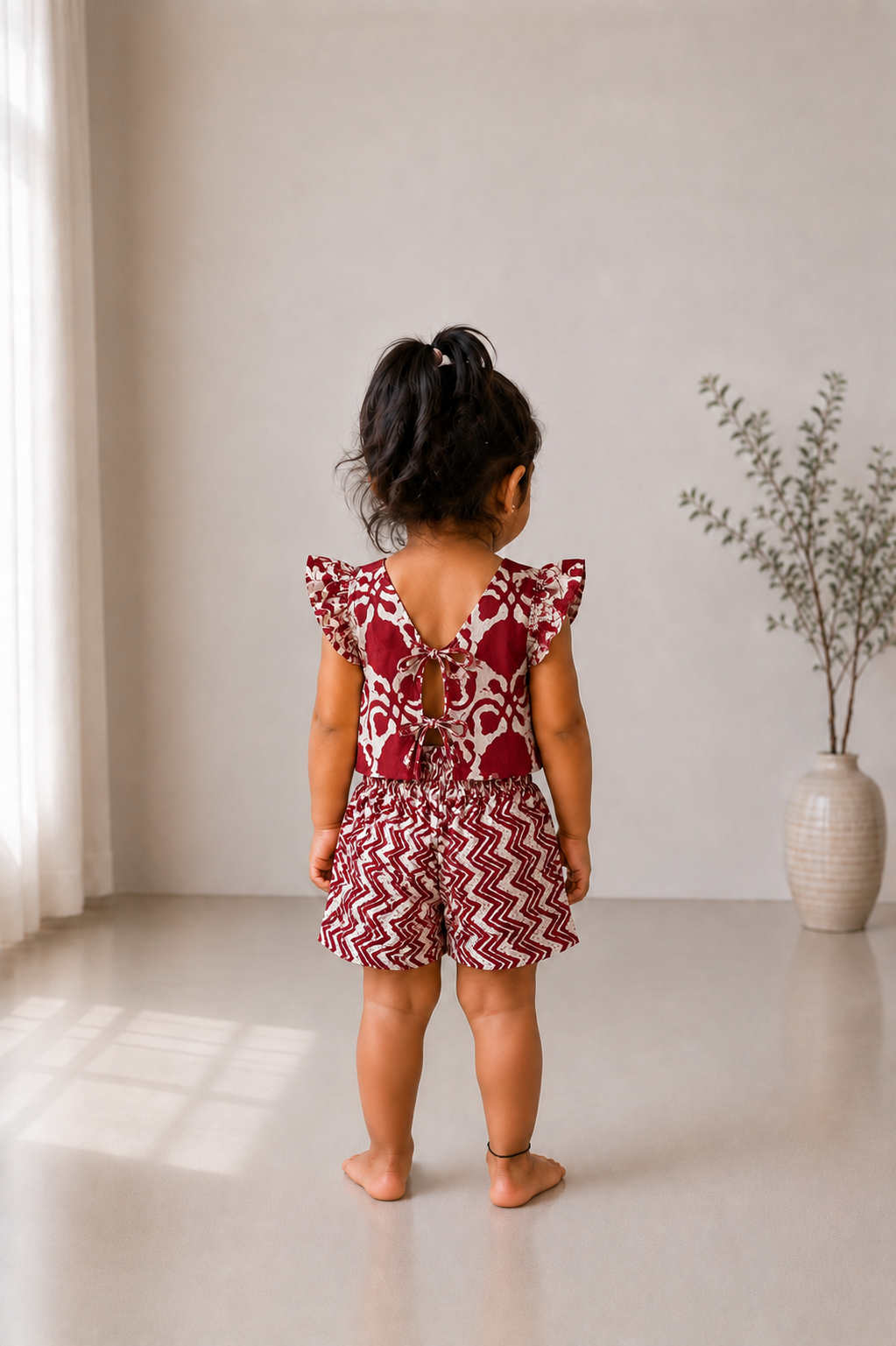 Back view of the Adhira maroon kids cotton co-ord set showing the V-back design with two tieable ropes.